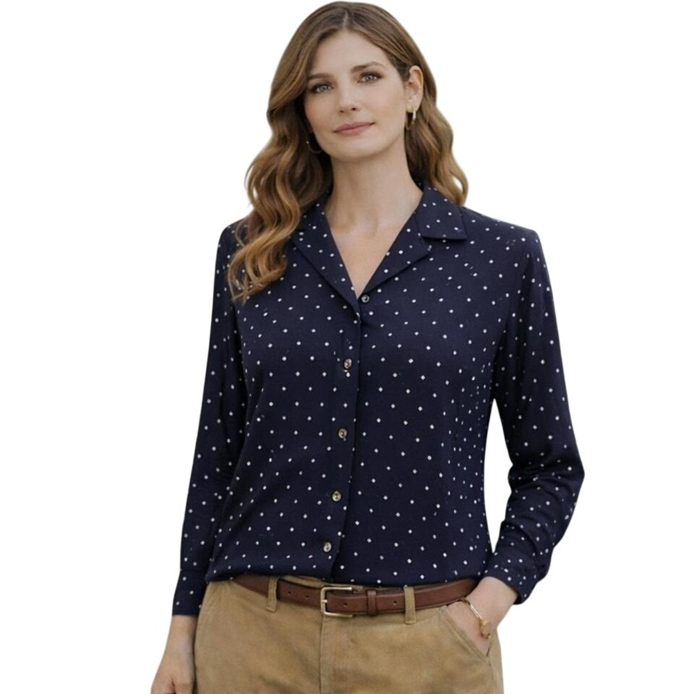 Lauren Ralph Lauren Navy Polka Dot Sheer Button Up Blouse Top Womens Size Medium